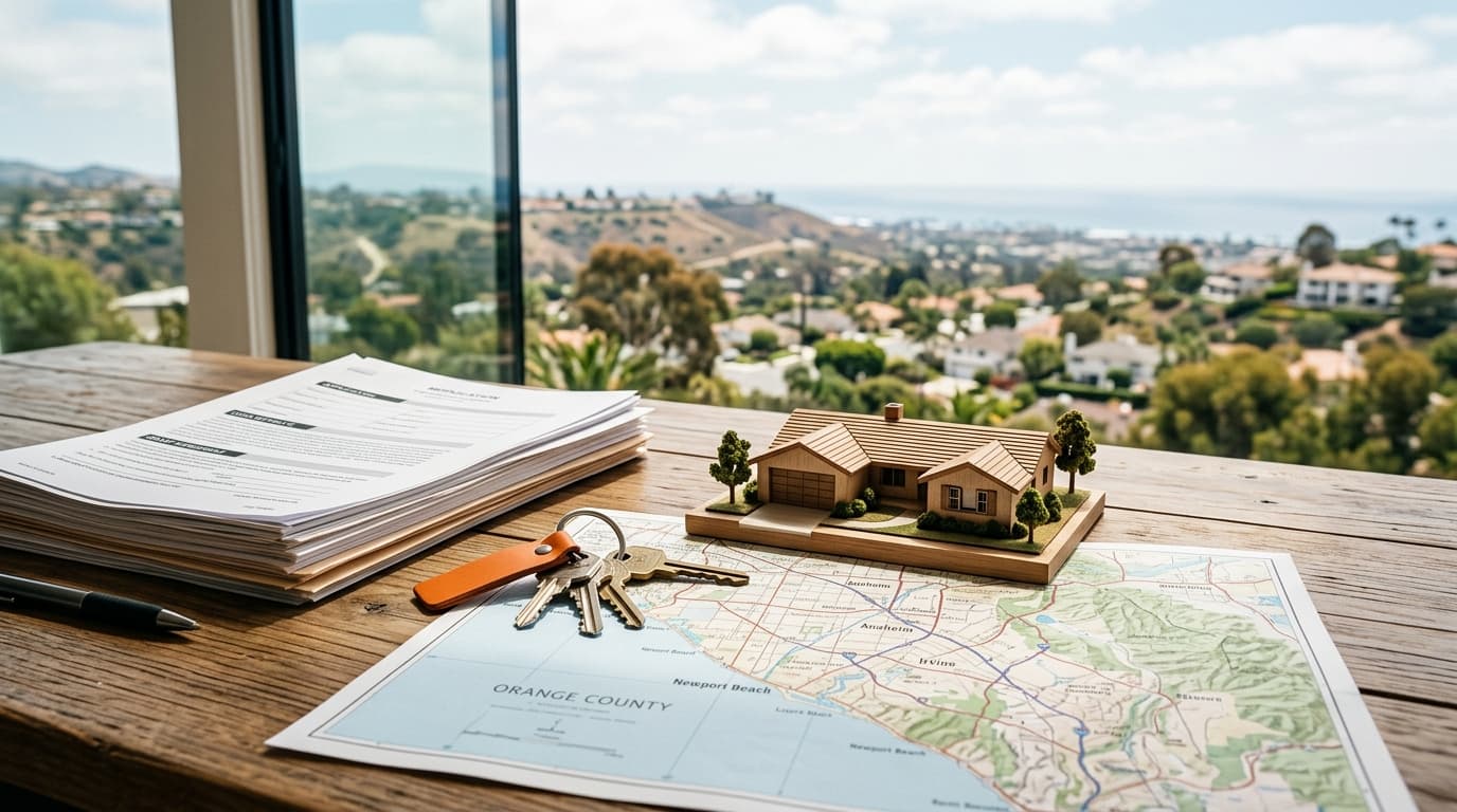 Stack of mortgage paperwork, house keys, and a small model home on a table beside an Orange County map