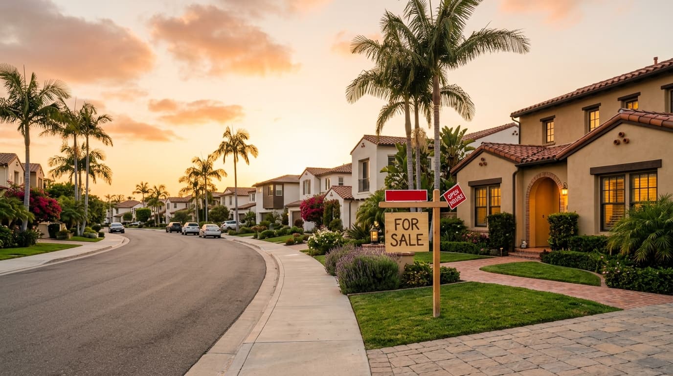 Welcoming Orange County neighborhood street with single-family homes, palm trees, and a For Sale sign at golden hour
