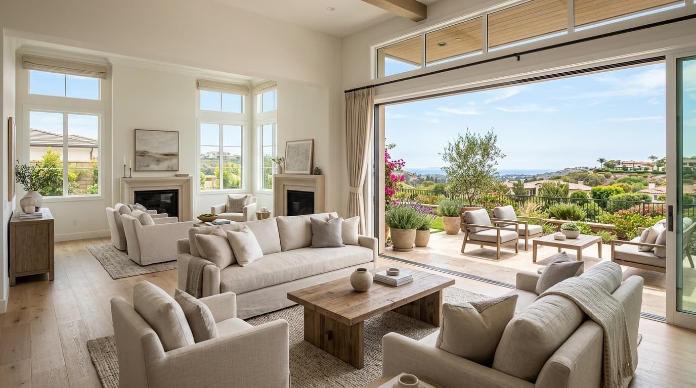 Bright staged living room in an Orange County home with neutral furniture, natural light, and an open view to the patio