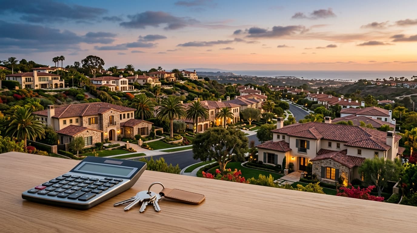 Orange County neighborhood homes at dusk with a mortgage rate chart concept, house keys and calculator on a desk