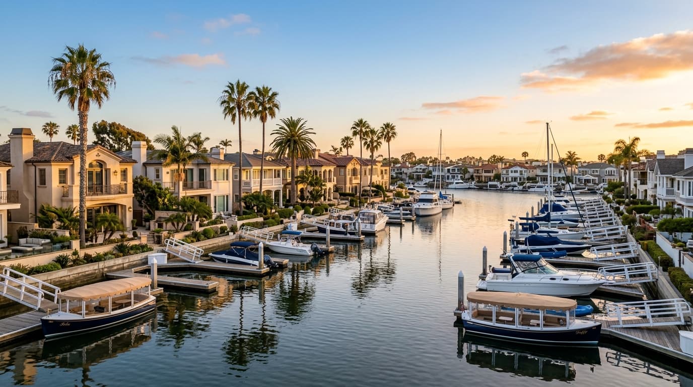 Waterfront homes with private docks along Huntington Harbour canal, with boats and palm trees in warm light