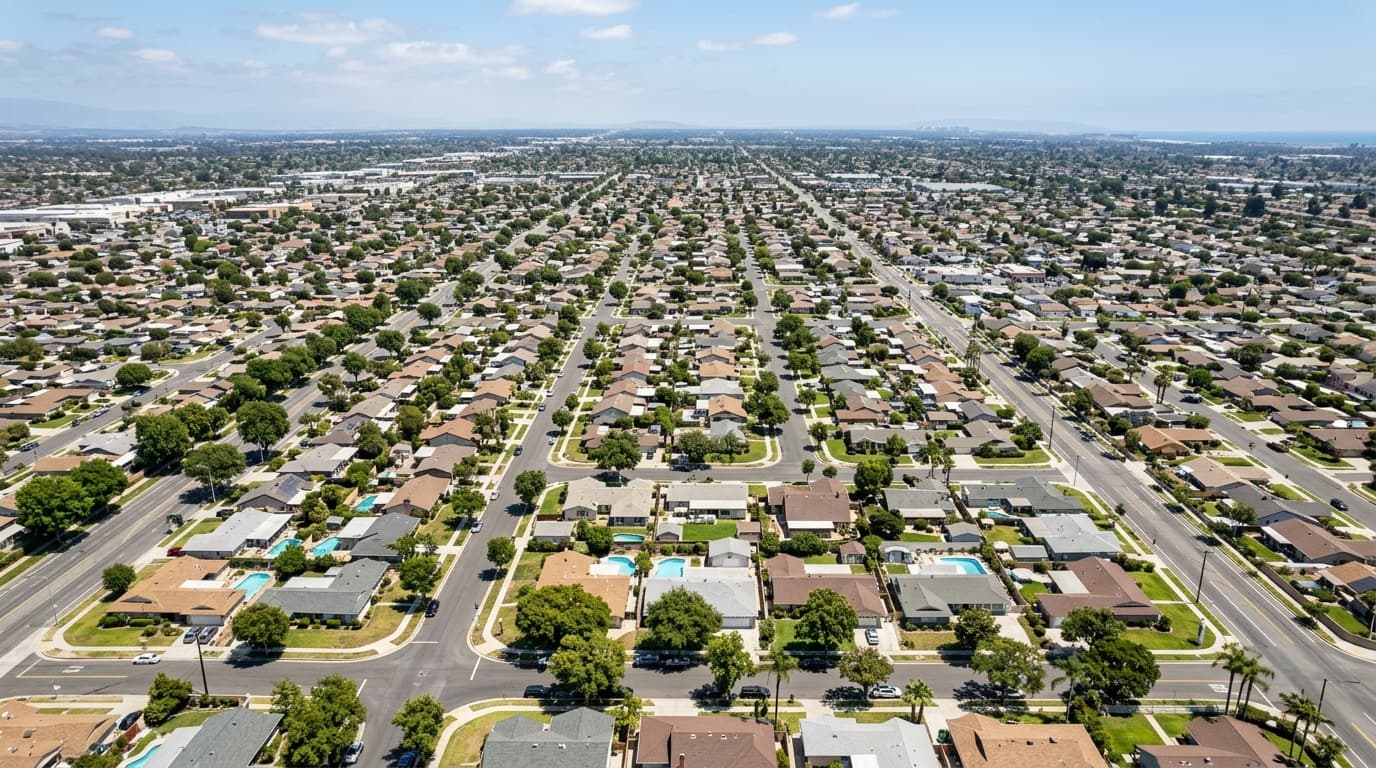Aerial view of Garden Grove and Midway City residential streets with single-family homes and tree-lined blocks